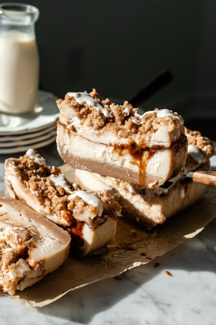 sliced vegan coffee cake cheesecake