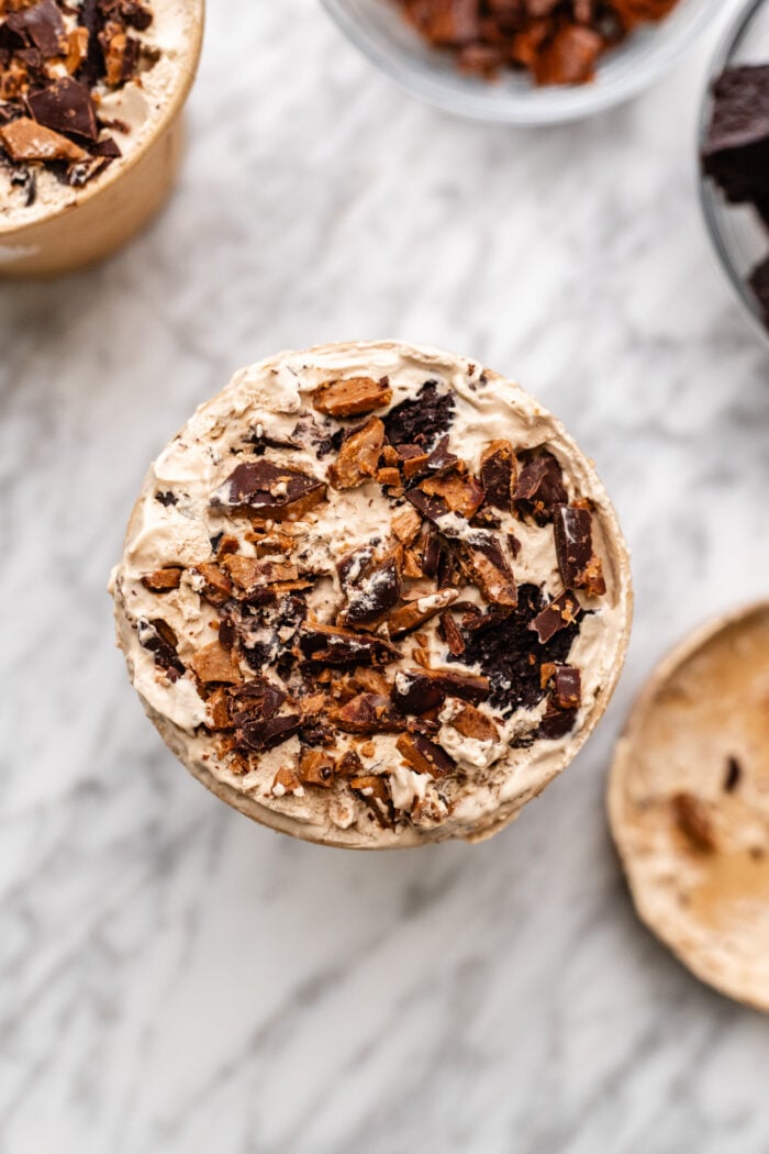 assembling the vegan ice cream in a pint