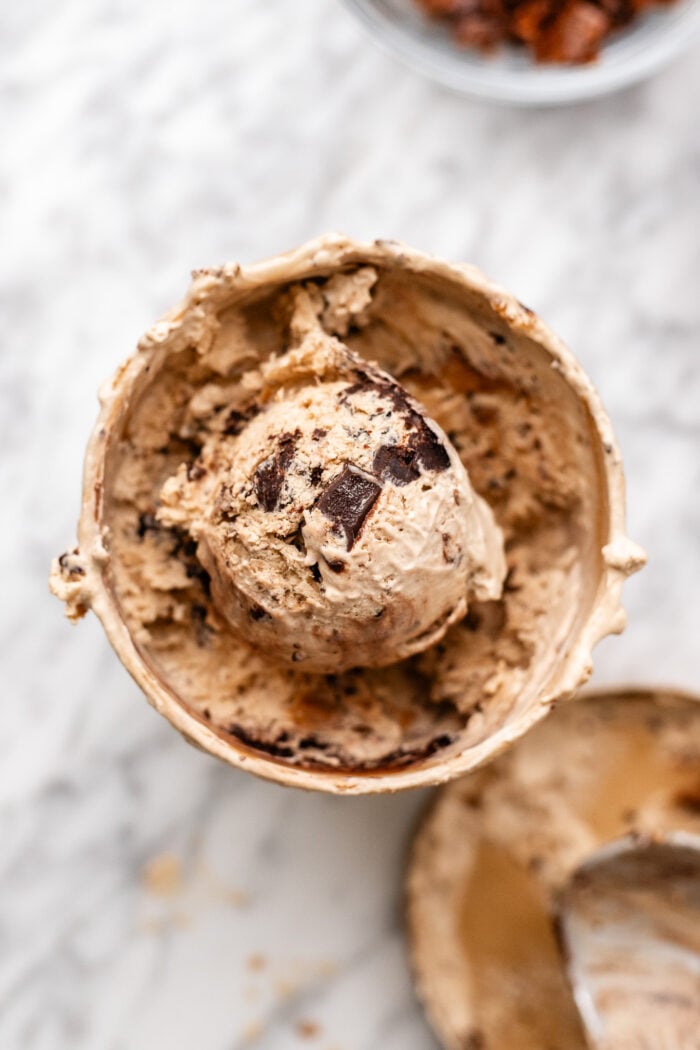 scooped coffee toffee bar crunch ice cream in homemade pint