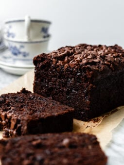 close up of sliced chocolate banana bread