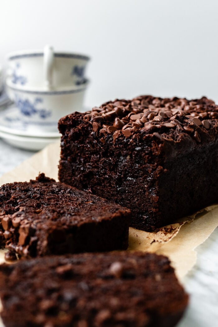 close up of sliced chocolate banana bread