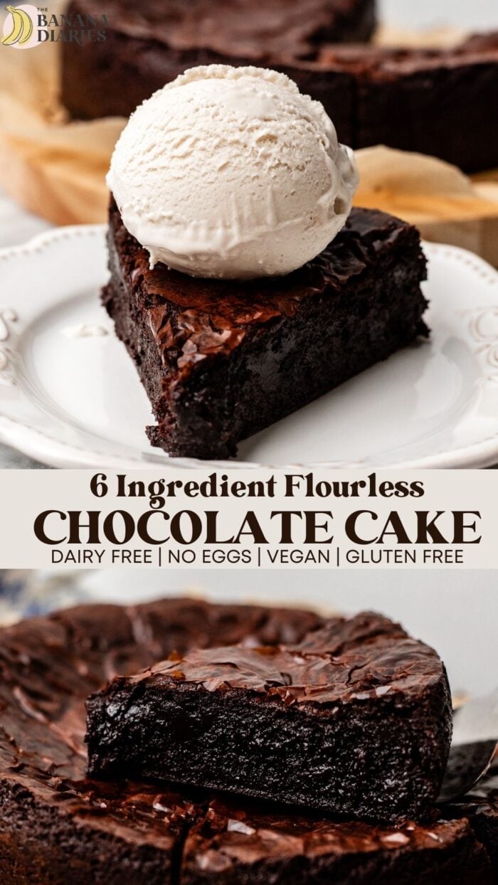 6 Ingredient FUDGY Vegan Flourless Chocolate Cake Recipe pinterest pin