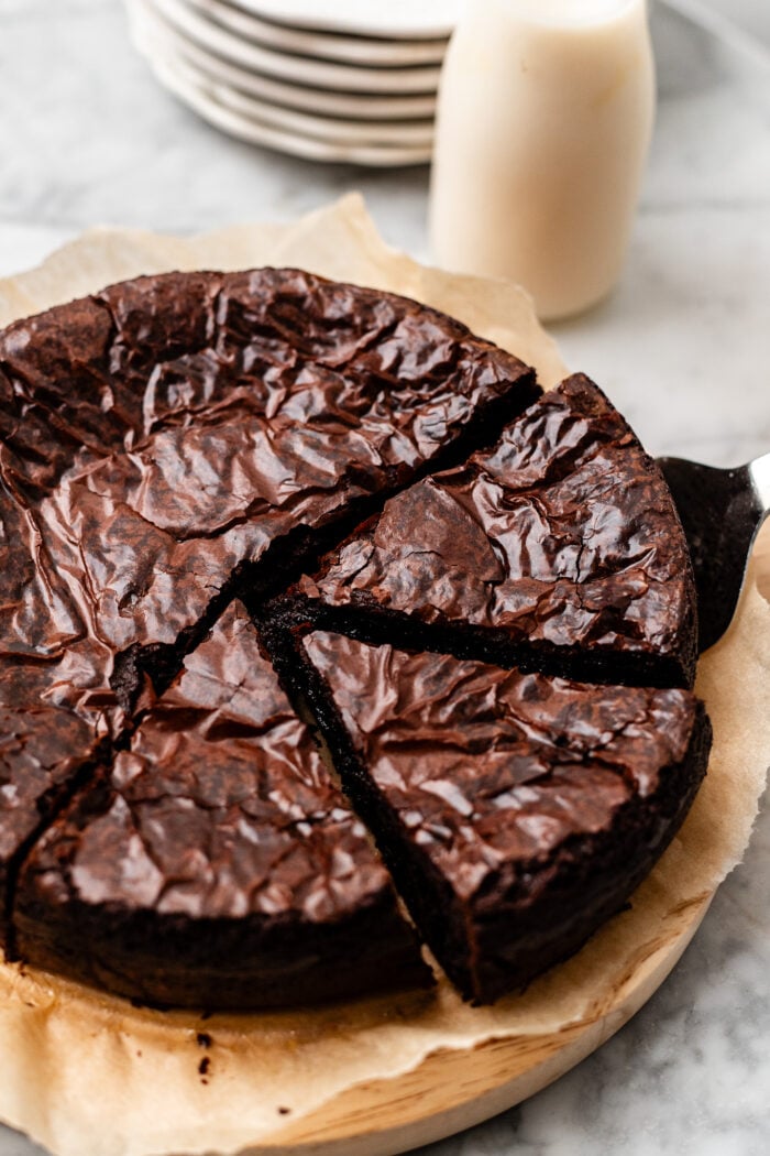 sliced vegan flourless chocolate cake