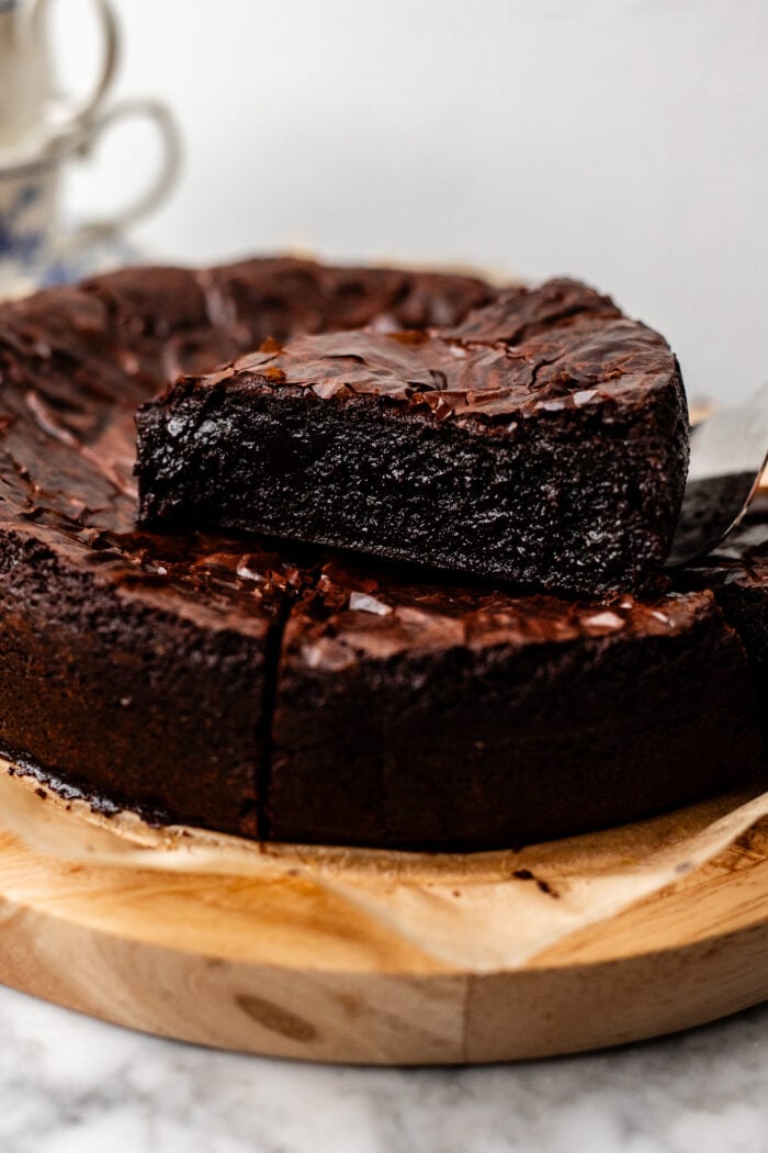 slices of flourless chocolate cake on top of each other