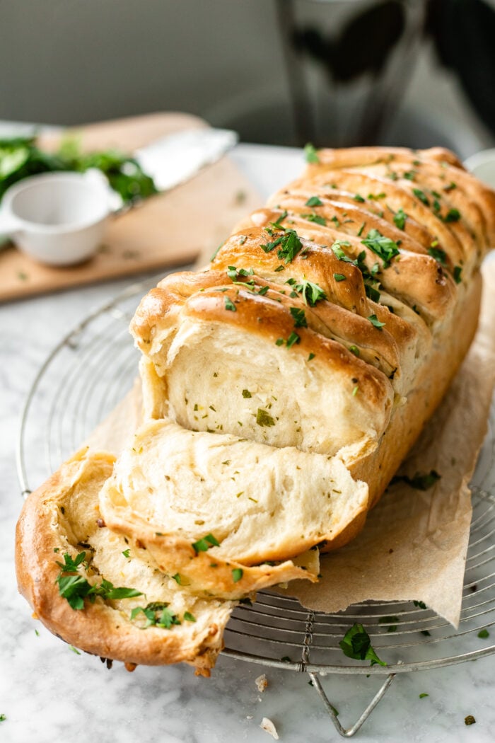 close up of garlic pull apart bread