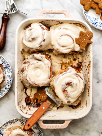 gingerbread cinnamon rolls in a dish