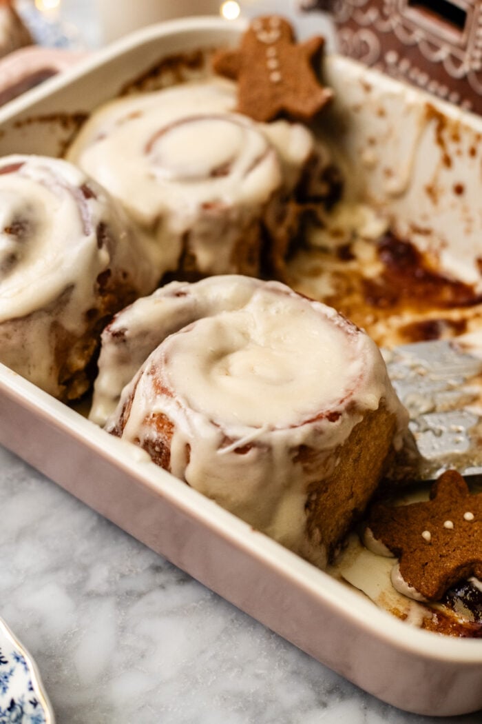 gingerbread cinnamon roll in casserole dish