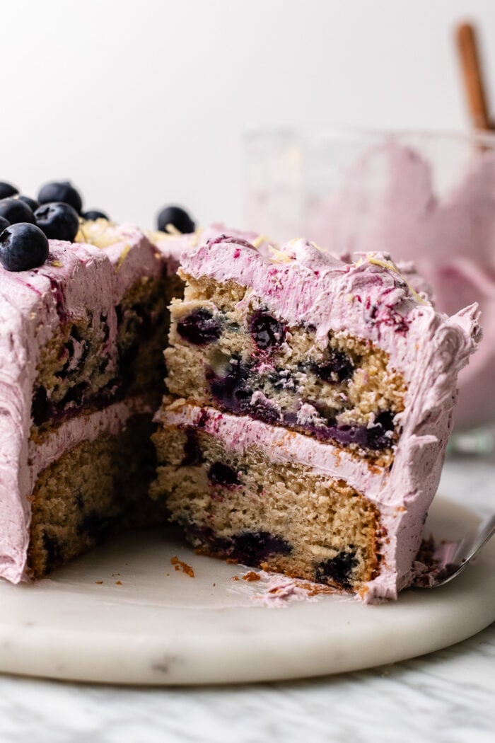sliced vegan lemon blueberry cake