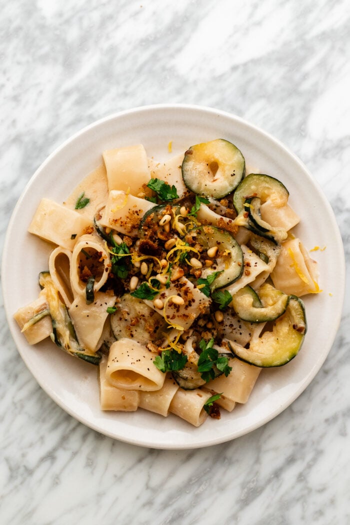 lemon zucchini pasta on a plate
