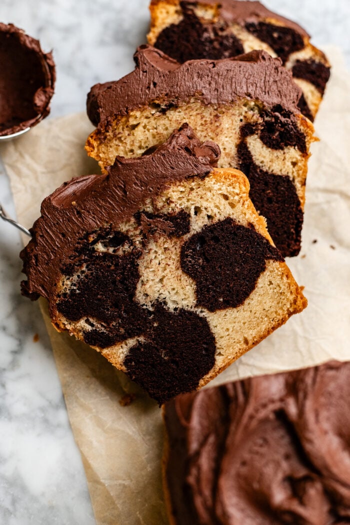 sliced vegan marble loaf cake
