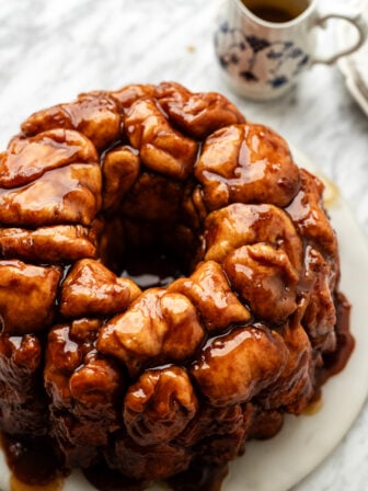 baked vegan monkey bread being served on a marble platter