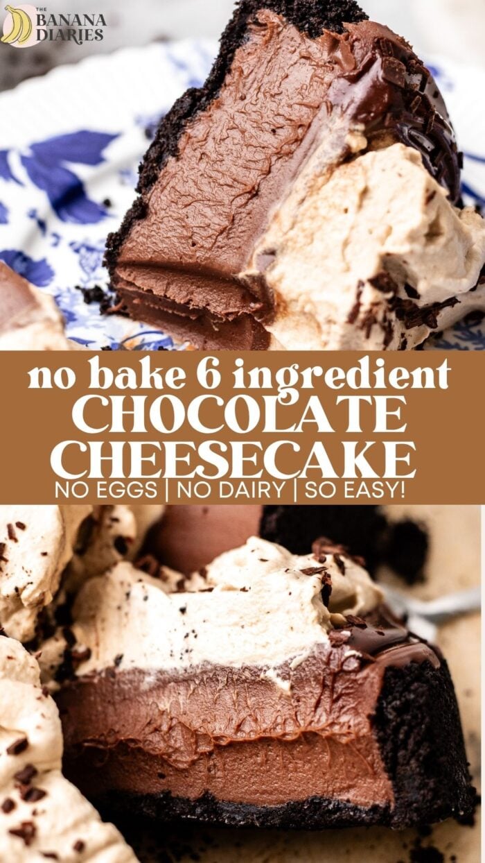 6 Ingredient No Bake Vegan Chocolate Cheesecake with Espresso Whipped Cream- No Nuts, No Tofu! Pinterest pin