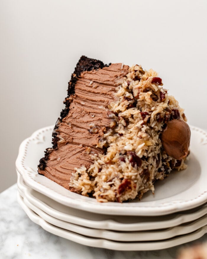 sliced vegan German chocolate cheesecake