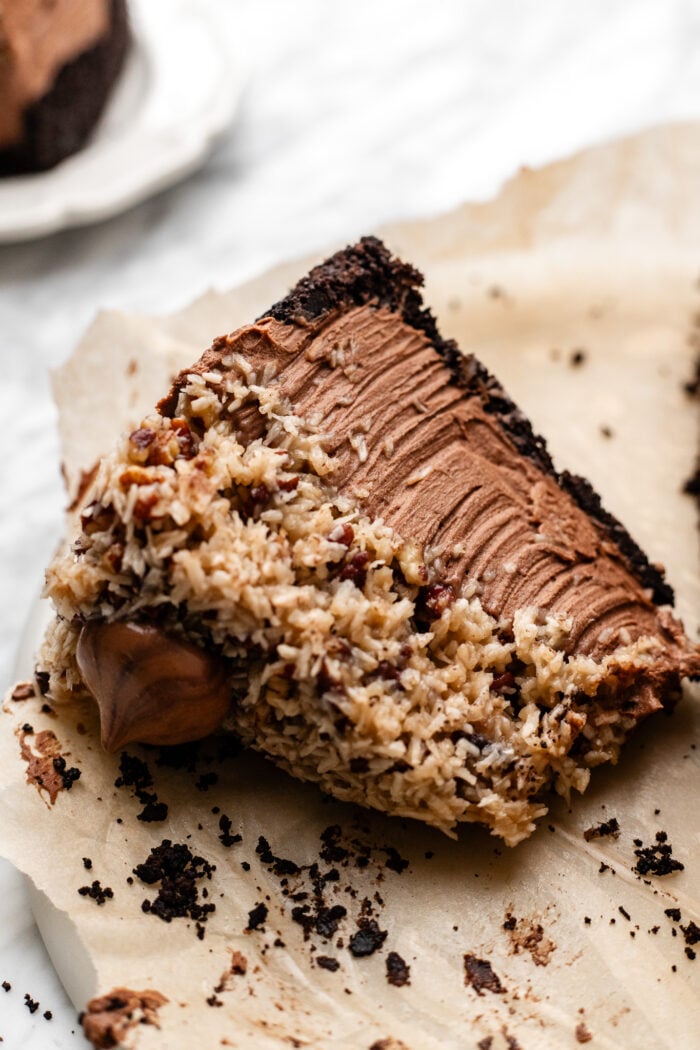 sliced vegan German chocolate cheesecake