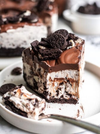 bitten slice of vegan Oreo cheesecake