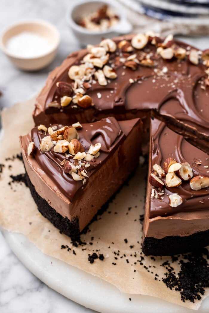sliced vegan nutella cheesecake on a plate