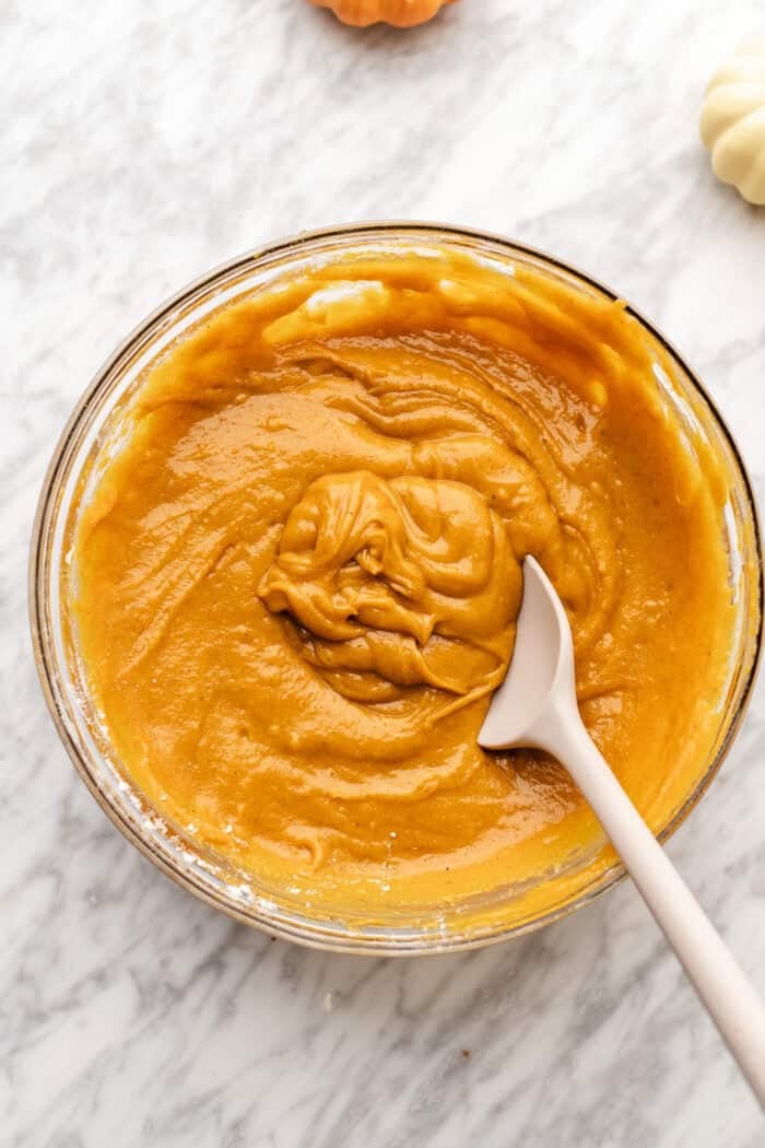 finished pumpkin bread batter in a bowl on a marble table.