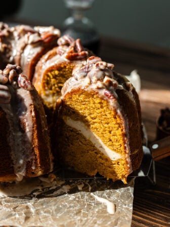 sliced vegan pumpkin bundt cake