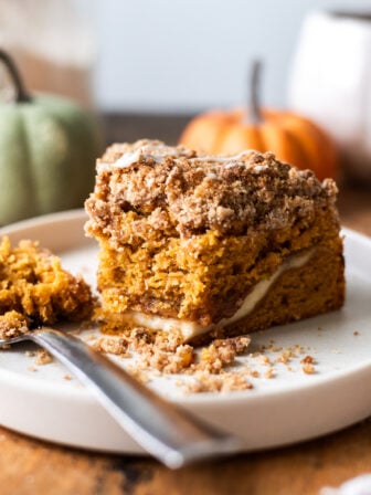 vegan pumpkin coffee cake with bite taken out