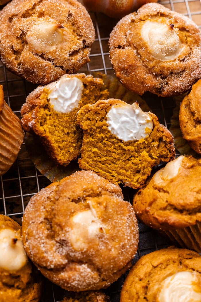 sliced open vegan pumpkin muffins