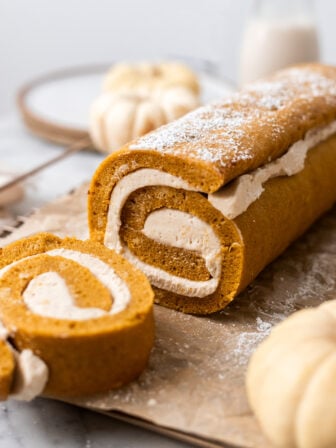 sliced vegan pumpkin roll cake