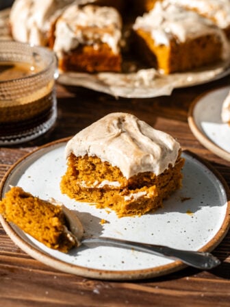 slice of vegan pumpkin spice latte cake bitten