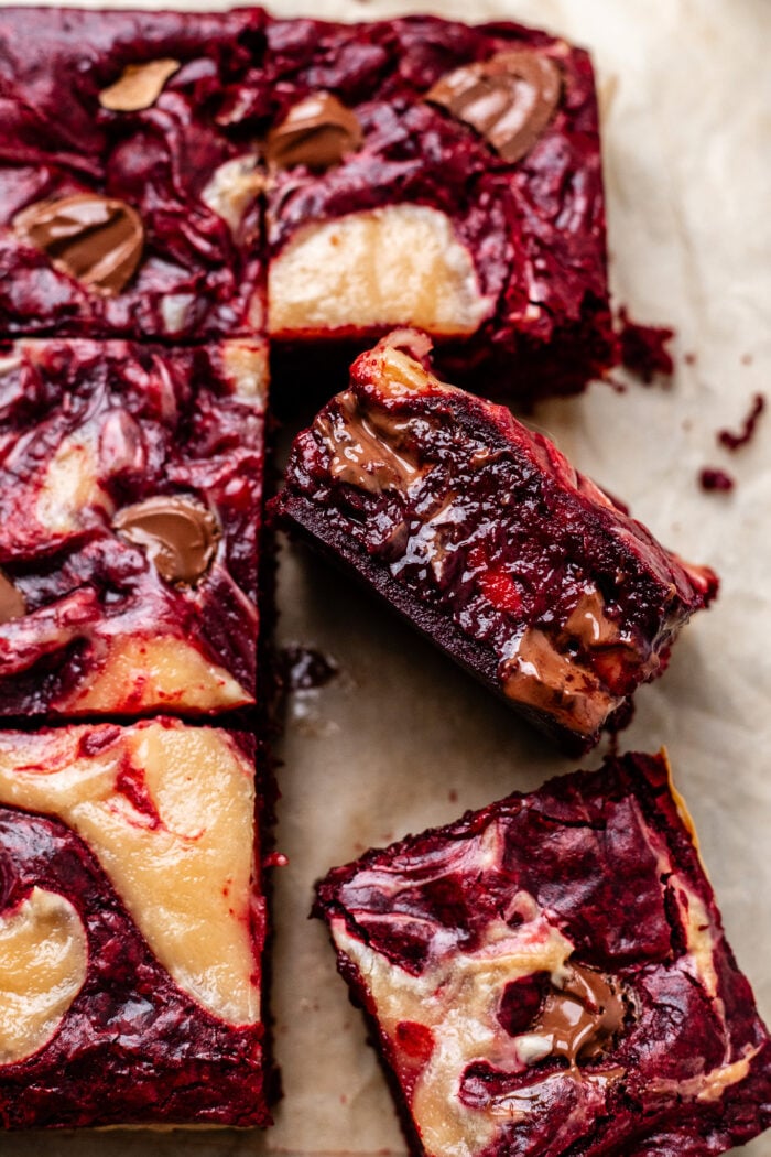 sliced red velvet brownies