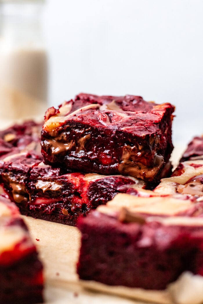stacked red velvet brownies