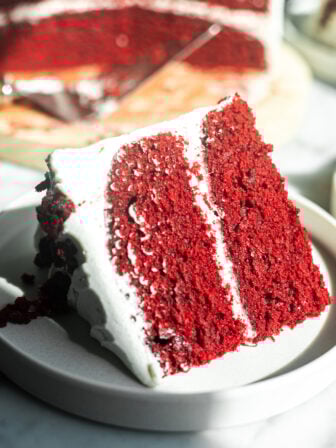 slice of red velvet cake on a plate