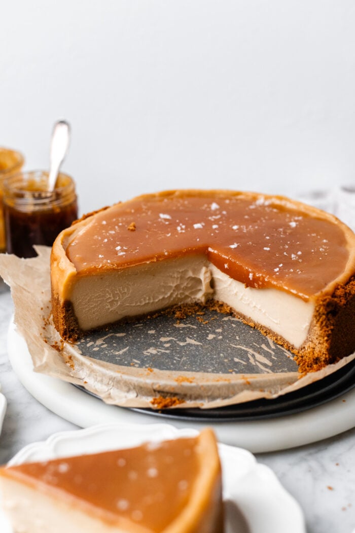 sliced vegan caramel cheesecake