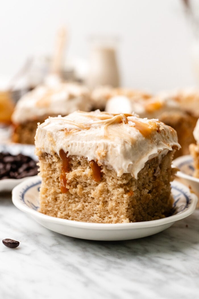 salted caramel latte cake slice on a plate