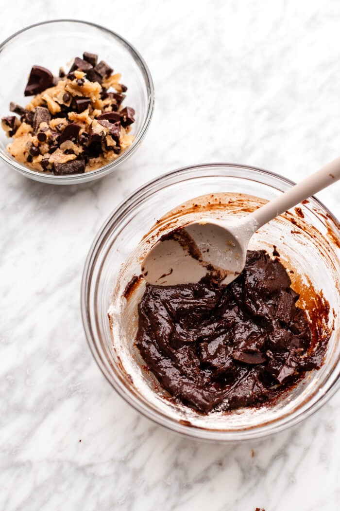 making the brownie and the cookie dough