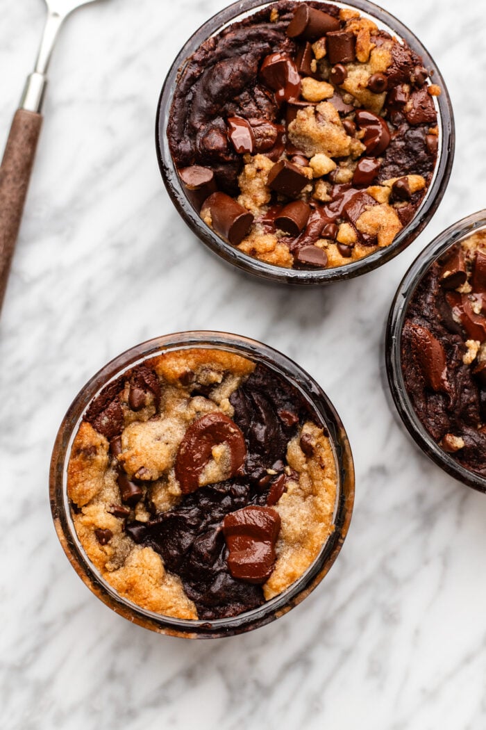 deep dish brownie cookie pies after baking