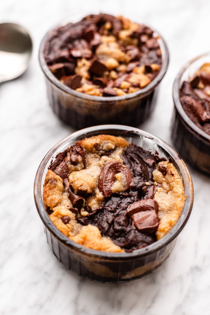 single serve brookie pies on marble