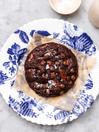 single serve double chocolate chip cookie on a plate