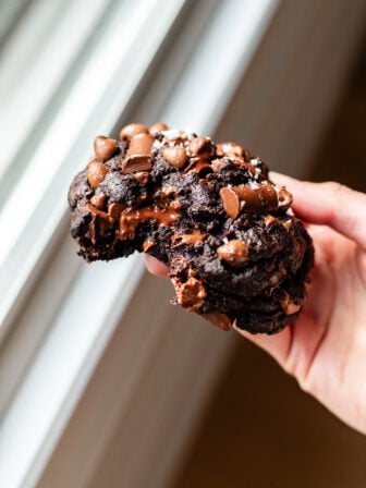 bitten double chocolate chip cookie