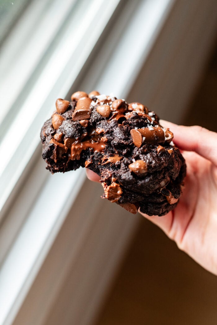 bitten double chocolate chip cookie