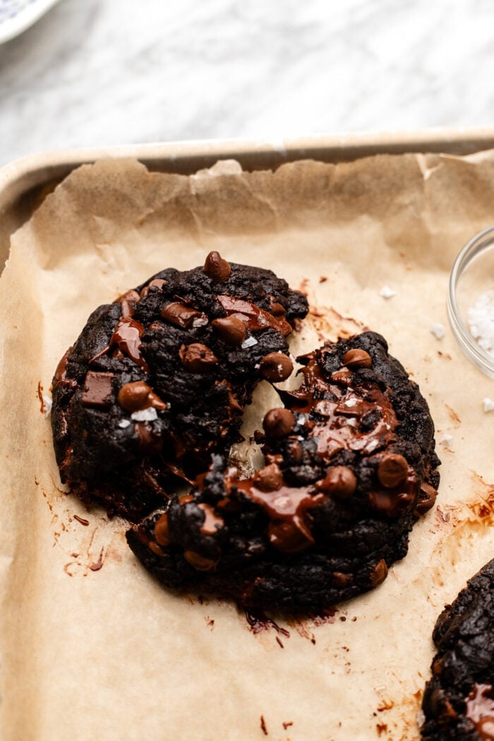 broken open double chocolate chip cookie