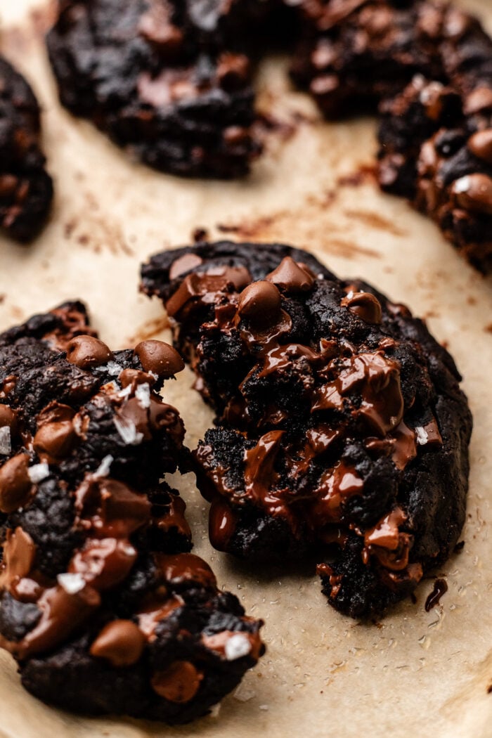 broken open double chocolate chip cookies