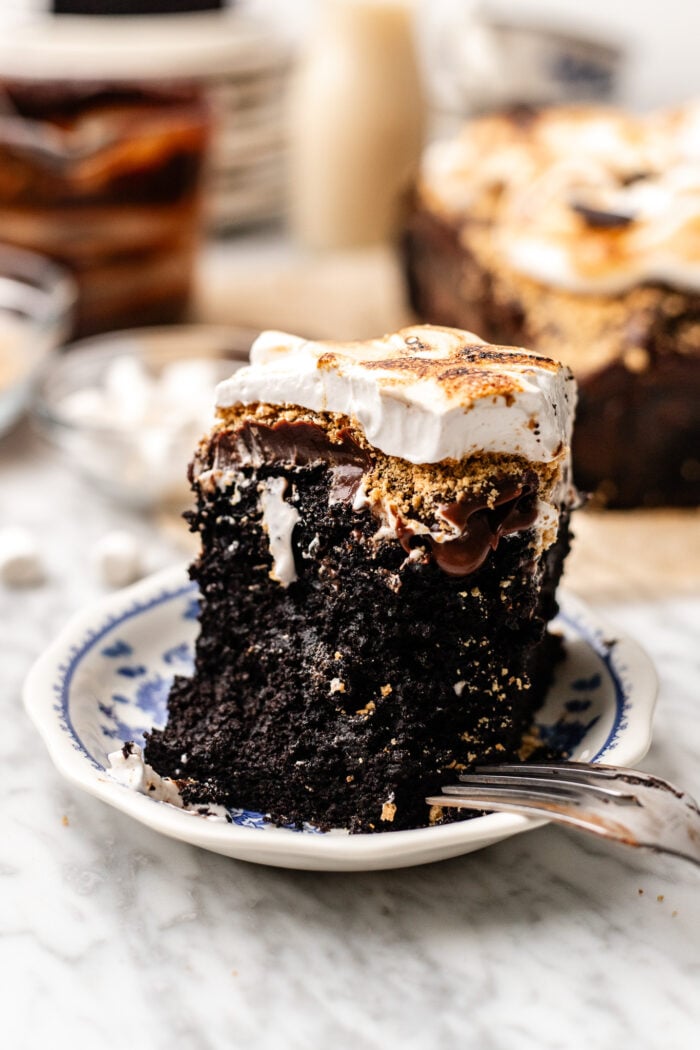 bitten slice of smores sheet cake