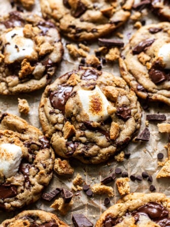 gooey vegan s'mores cookies on parchment paper