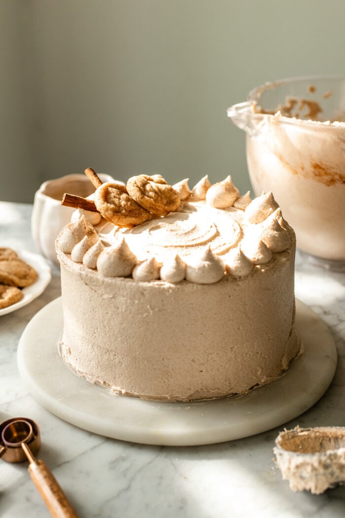 frosted vegan snickerdoodle cake
