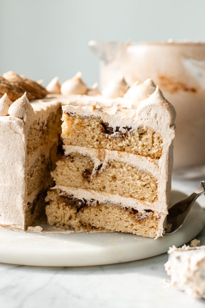 sliced vegan snickerdoodle cake