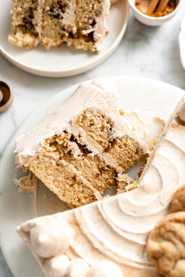 slice of snickerdoodle cake on cake board