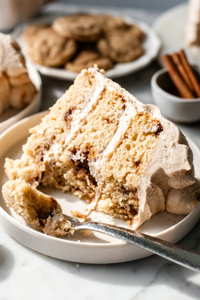 bitten slice of vegan snickerdoodle cake