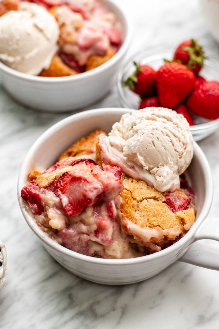 strawberry cobbler in a bowl