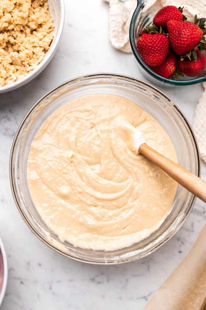 strawberry crumb cake batter in a bowl