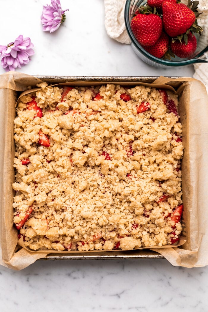 strawberry crumb cake before baking