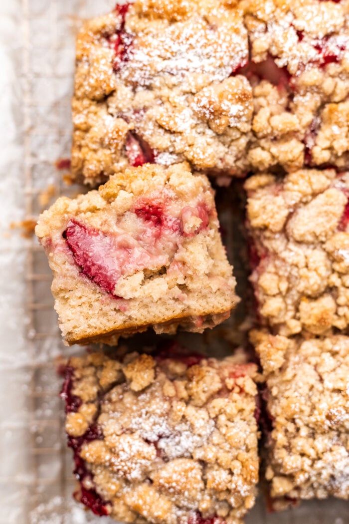 close up of sliced strawberry cake