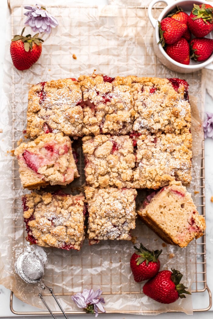 strawberry crumb cake after baking